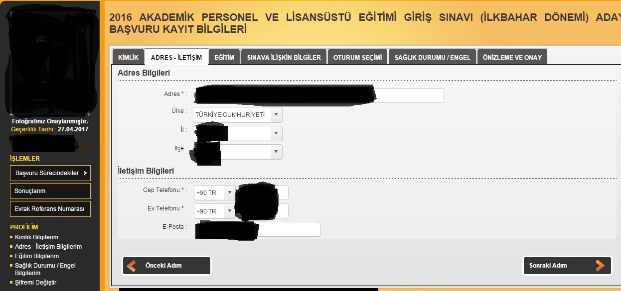 Bu sekmede adres bilgilerinizi MERNİS'ten otomatik olarak getirebilirsiniz. İkamet ettiğiniz ilden farklı bir ilde girebilmek için mutlaka burada adres il ve ilçe bilgilerini sınava gireceğiniz yere göre seçmeniz gerekiyor. Aksi takdirde başvuru yapamazsınız. 