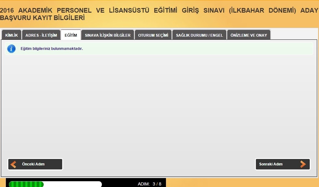 Bu ekranda eğitim bilgileriniz gelmektedir. Eğitim bilgilerinizin ALES için bir önemi yok olmasa dahi başvuru yapabilirsiniz.