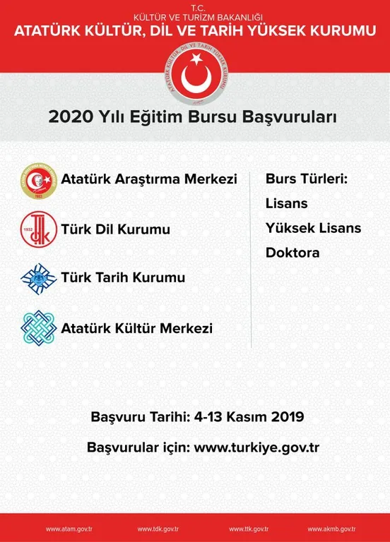 Atatürk Araştırma Merkezi, Türk Dil Kurumu, Türk Tarih Kurumu ve Atatürk Kültür Merkezi tarafından yüksek lisans ve doktora öğrencilerine burs verilecektir.
